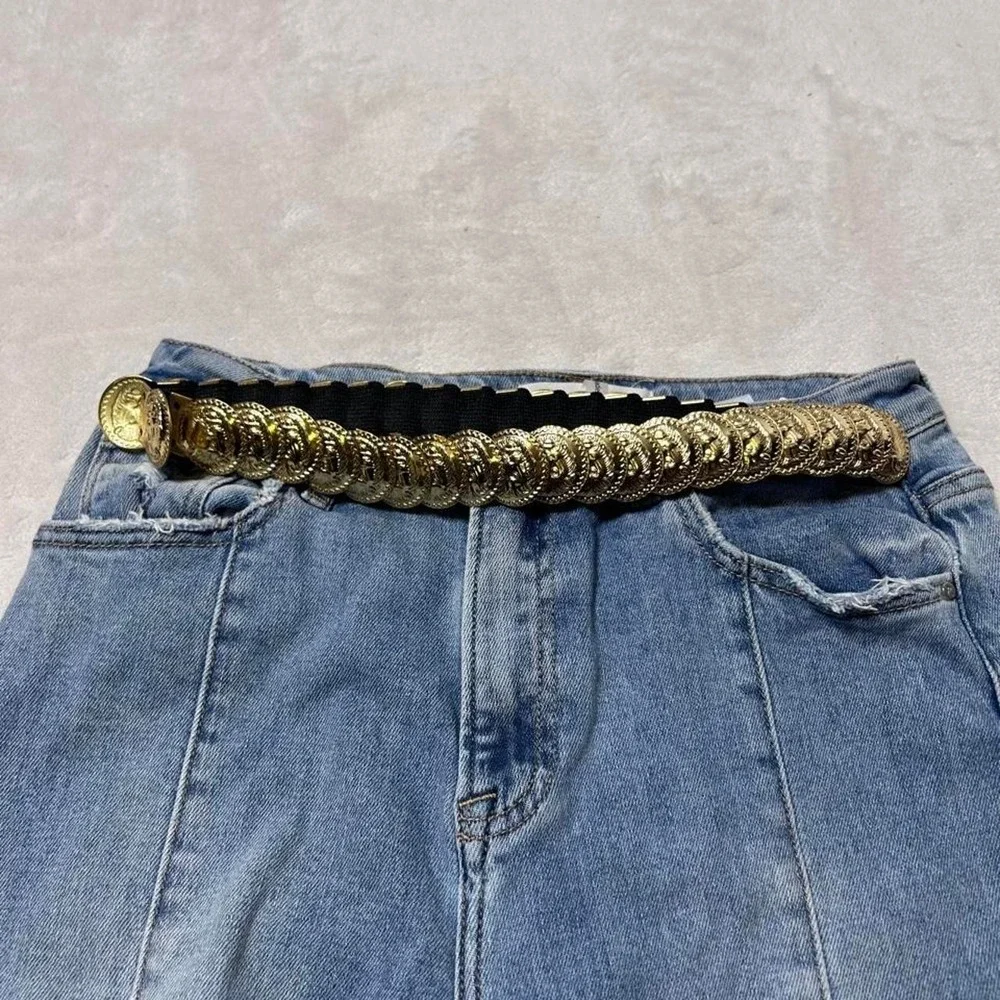 Vintage Gold Tone Lion Head Coin Stretch Belt Black Elastic Medallion 80s Sz S/M